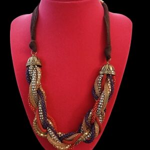 Ali Kahn New York Twist Braided Necklace Red Purple Gold tone